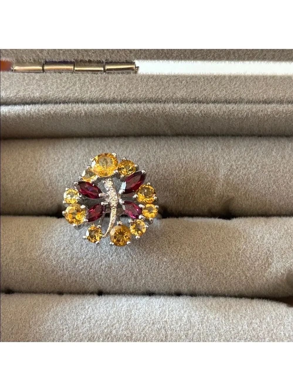 Elegant  Ring with Yellow and Red Accents Butterfly center 925 sterling silver 8